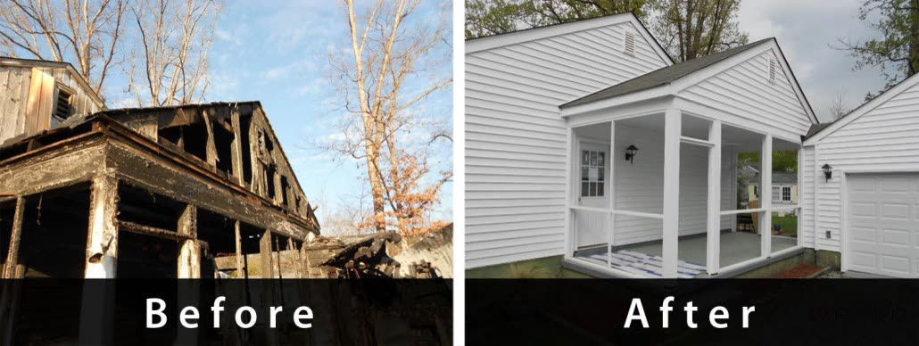 Illustrative before-and-after view of fire damage and a restored property